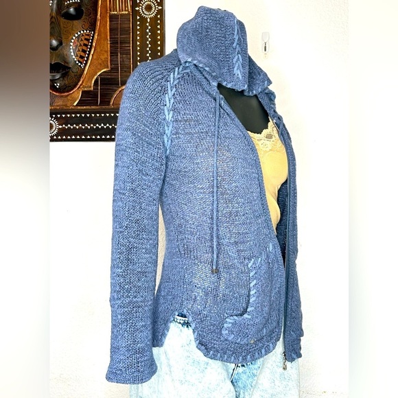 BCBG Max Azaria Blue Knit Zip Front Hoodie- Size Large - Picture 2 of 5